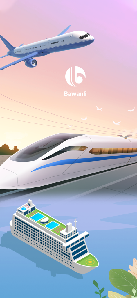 Bawanli app illustration featuring an airplane a high speed train and a cruise ship representing international travel services
