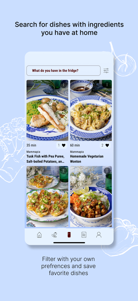 Sulten - Sulten app interface showing recipe search based on ingredients available at home