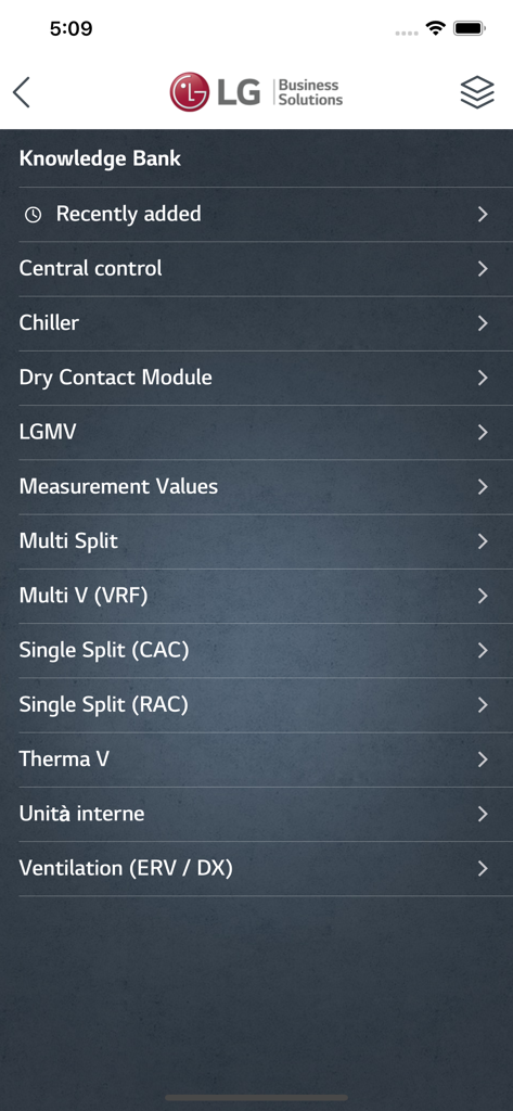 LG Service AE - LG Service AE app Knowledge Bank menu showing categories like Chiller Multi V and Therma V