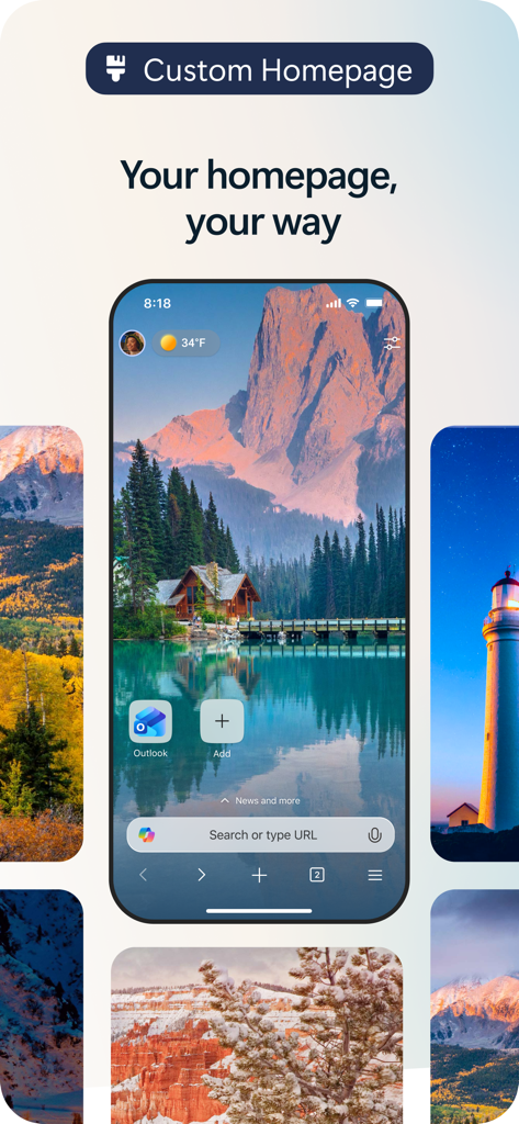 Microsoft Edge mobile app custom homepage featuring a scenic mountain background and personalized shortcuts