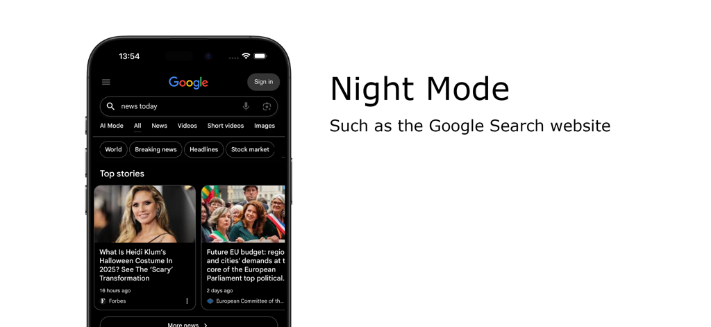iPhone che mostra Google Search in modalità scura utilizzando l'estensione Turn Off the Lights per Safari.