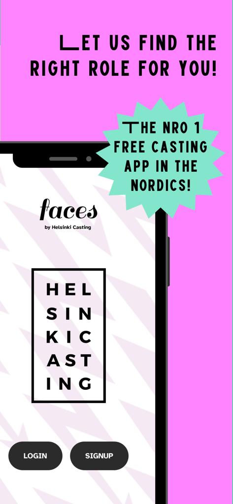 Faces by Helsinki Casting - The welcome screen of the Faces by Helsinki Casting app featuring a call to action and login or signup buttons.