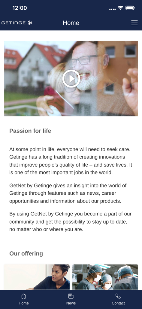 GetNet by Getinge - GetNet by Getinge mobile app home screen featuring the Passion for life mission and corporate news navigation