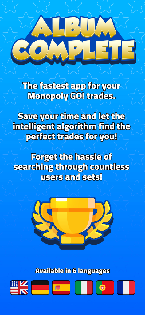 Sticker Trade - Sticker Trade app screen announcing album complete with a gold trophy and language options