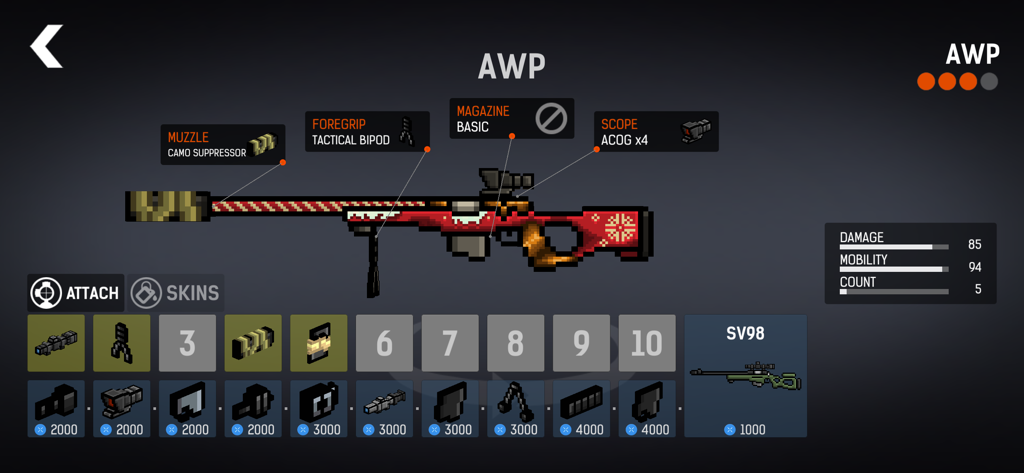 BLOCKPOST MOBILE - Schermata di personalizzazione armi in Blockpost Mobile che mostra un fucile di precisione AWP con accessori tattici e statistiche.