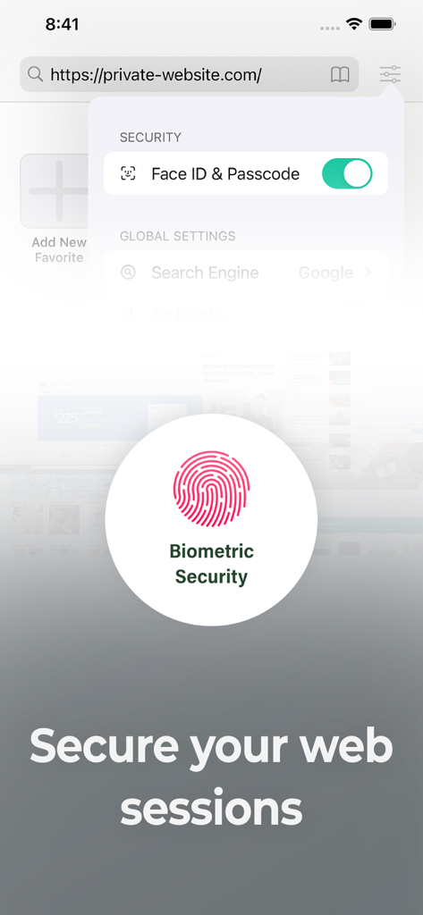 Safe Page browser interface showing biometric security and Face ID settings for secure web browsing