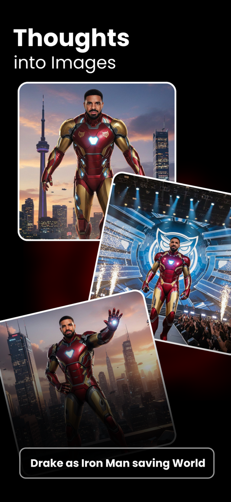 PixVerse AI Picture Generator - AI generated images of Drake as Iron Man showcasing the thoughts into images feature