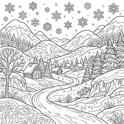 Journey into a peaceful winter landscape with this delightful coloring page featuring snow-dusted foothills and a charming village. Unwind as you bring vibrant life to cozy cabins, frosted trees, and a sky full of unique snowflakes.