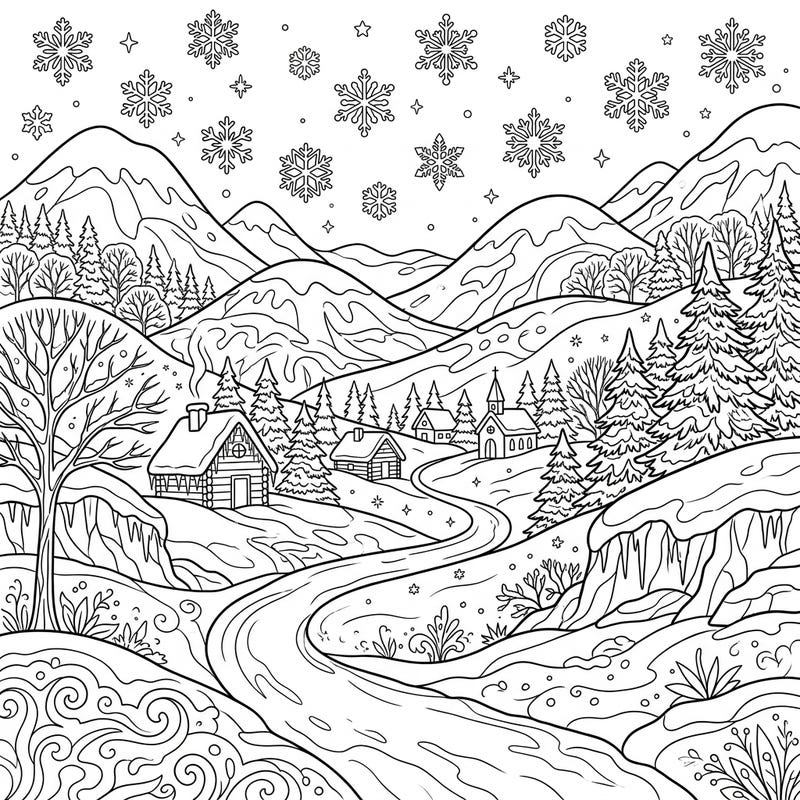 Journey into a peaceful winter landscape with this delightful coloring page featuring snow-dusted foothills and a charming village. Unwind as you bring vibrant life to cozy cabins, frosted trees, and a sky full of unique snowflakes.
