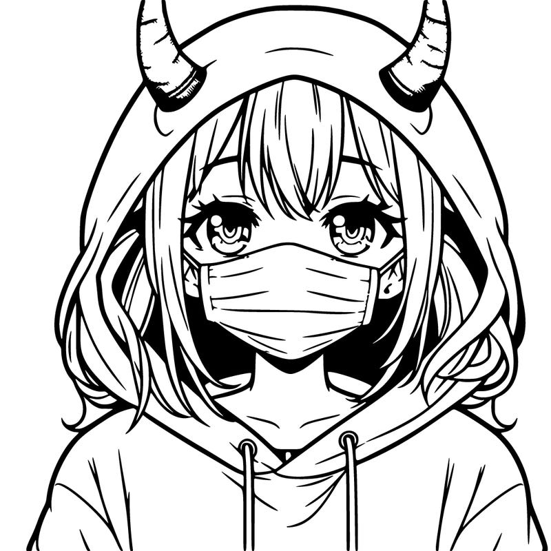 anime teen girl with horns and a hoodie wearing a face mask
