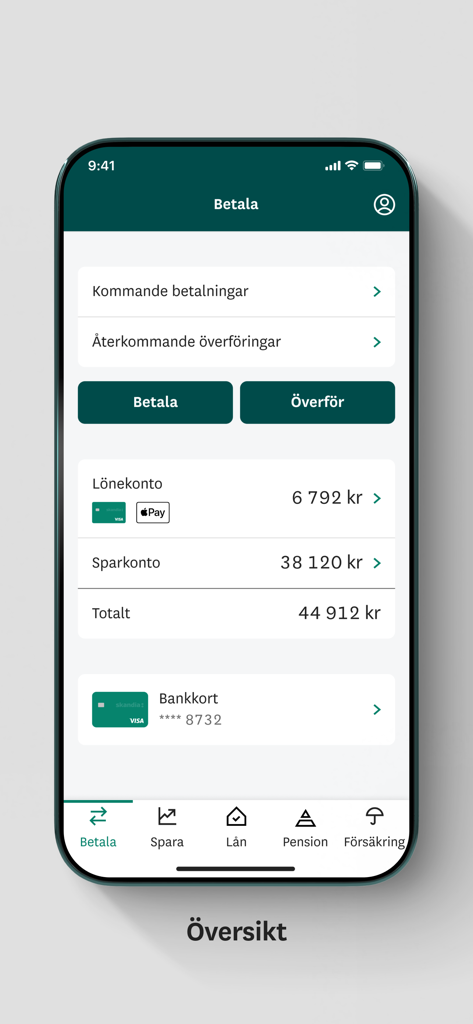 Skandia mobile banking app interface showing account balances and payment options