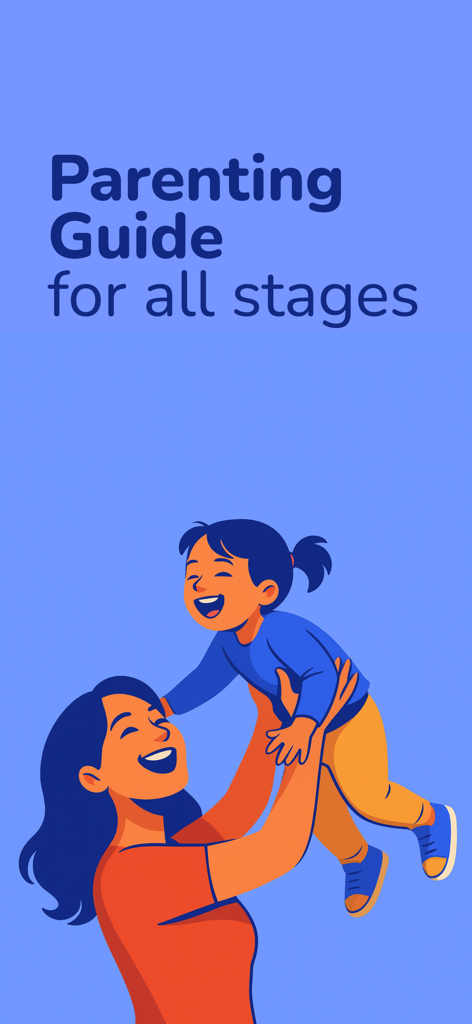 Parenting Leader: Parent Guide - Ilustración de una madre sonriente levantando a su hijo feliz con el texto Guía de Crianza para todas las etapas