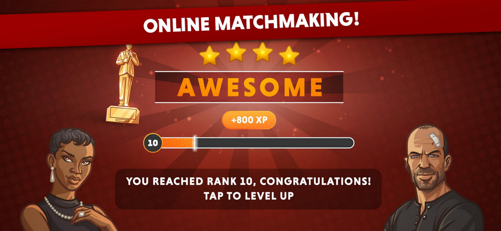 Ein Glückwunschbildschirm in der Codenames-App, der zeigt, wie ein Spieler nach dem Online-Matchmaking Rang 10 erreicht.