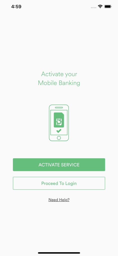 Aktivierungsbildschirm der Excel Smart Mobile-Banking-App mit Optionen zur Aktivierung des Dienstes oder zur Fortsetzung der Anmeldung.