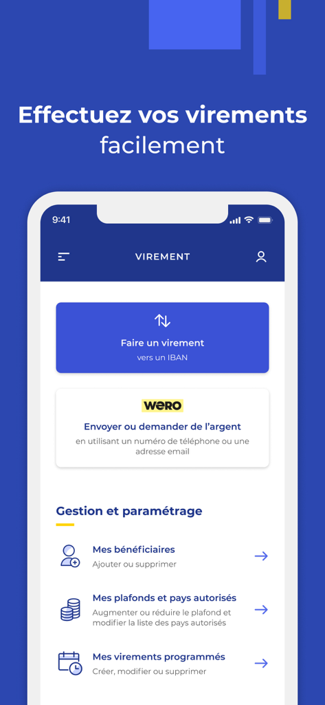 Mes Comptes - LCL - Capture d'écran de l'application bancaire mobile LCL montrant l'écran de virement avec des options pour les virements IBAN et l'intégration Wero.