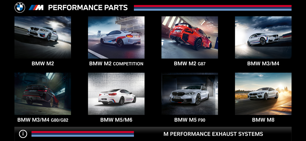 Menu showing various BMW M series models available in the M Performance Sound Player app