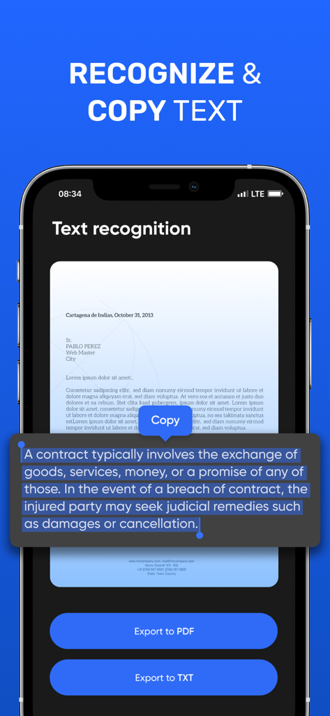 Mobile app interface showing the text recognition and copy features for scanned documents