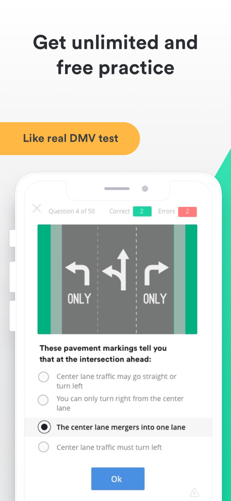 A smartphone displaying a DMV practice test question about pavement markings with multiple-choice answers and a score tracker.