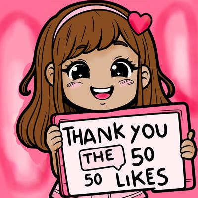 a happy girl holding a sign that says "tank you for the 50 likes"