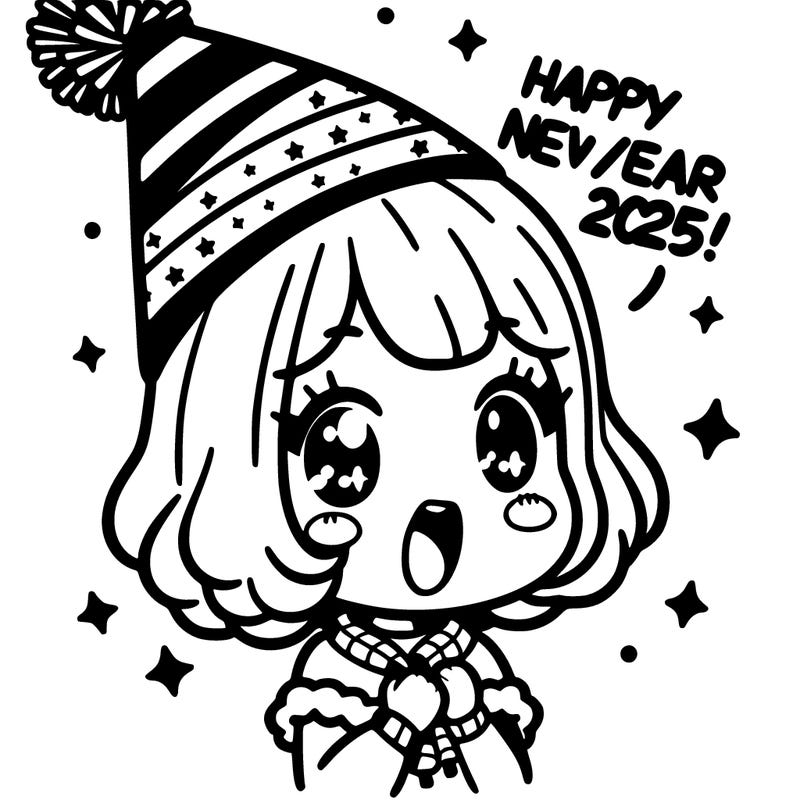 girl with a party hat on saying “happy new year 2025!”