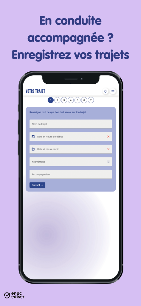Kopilote - Kopilote app interface showing a form to manually record supervised driving journey details like date time mileage and supervisor name