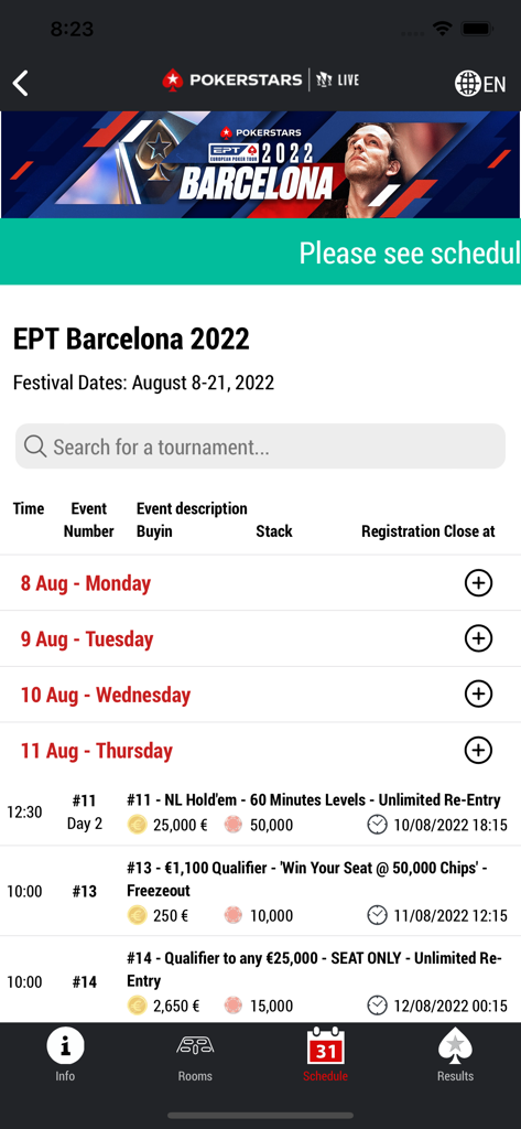 PokerStars Live - Bildschirm mit dem Turnierplan in der PokerStars Live-App, der die Details und Buy-ins der EPT Barcelona-Events anzeigt.