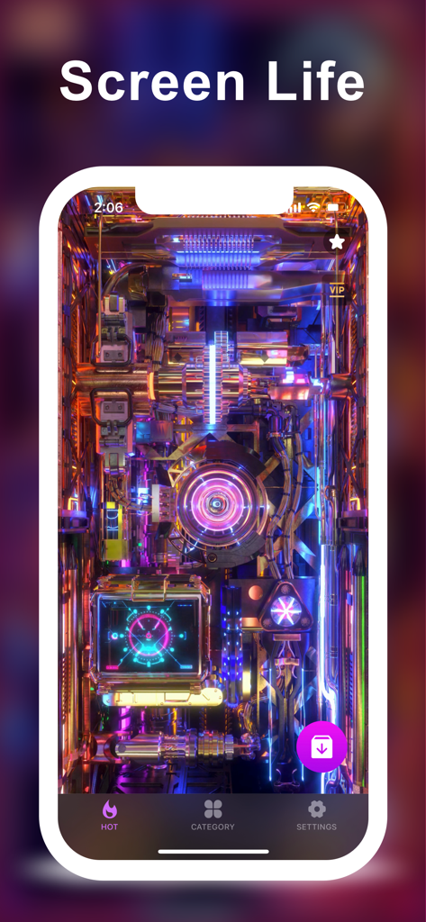 Live Wallpaper 4K: Screen Life - Un fondo de pantalla animado ciberpunk mecánico de alta definición mostrado en la pantalla de un iPhone.