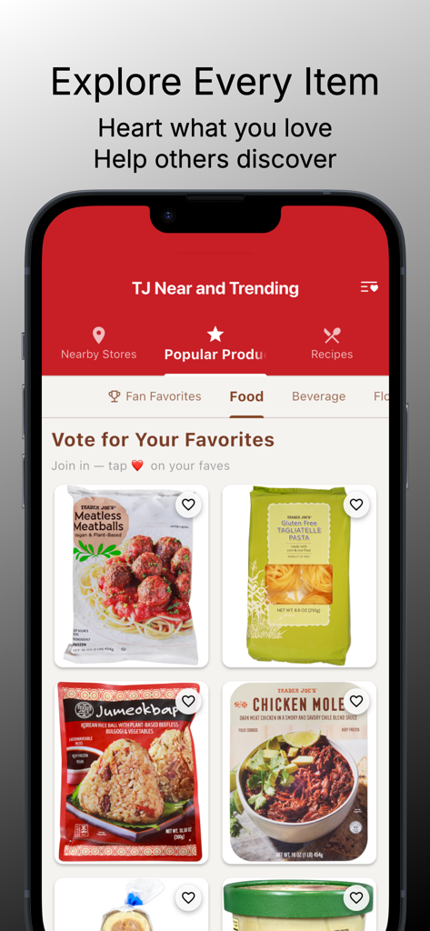 Interface of the TJ Near and Hot app showing popular food items and a voting feature