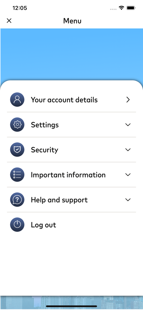 Corporate Cash Passport - Corporate Cash Passport app menu screen showing account details settings and security options