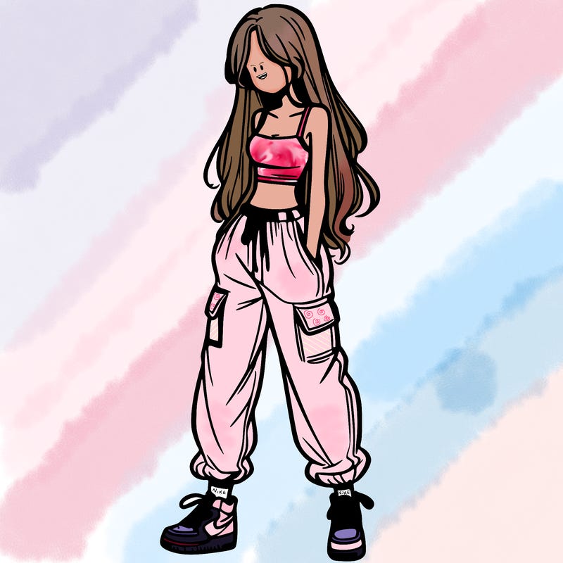 girl in baggy pants crop top and long hair