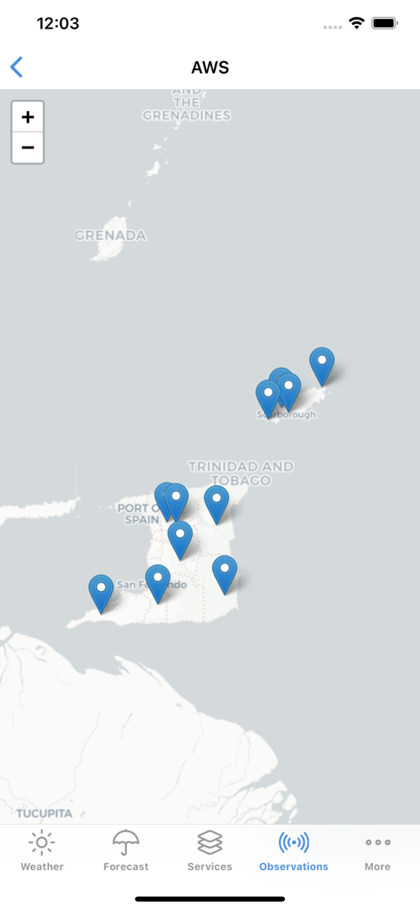 TT Met Office - Map of Trinidad and Tobago showing automatic weather station locations in the app
