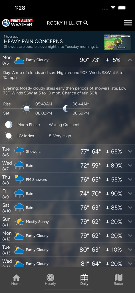 Pantalla de pronóstico diario de la aplicación WFSB First Alert Weather para Rocky Hill Connecticut