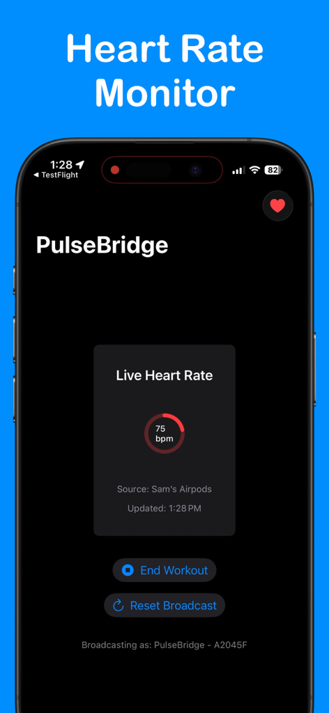 PulseBridge - PulseBridge app interface showing live heart rate monitoring from AirPods