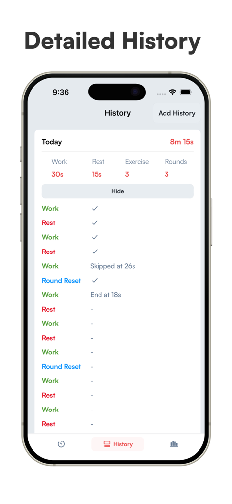 Interval Timer HIIT & Tabata - Tela do aplicativo Interval Timer HIIT e Tabata mostrando histórico detalhado de treinos e logs de sessão