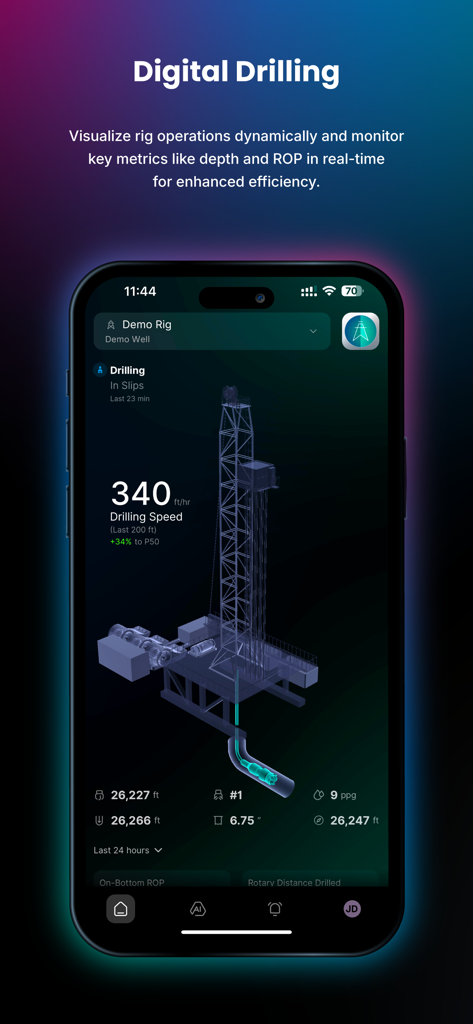 Corva app screenshot displaying real-time digital drilling metrics and 3D rig visualization