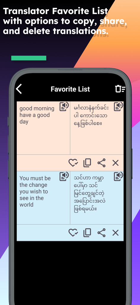 English Myanmar Translator - A mobile screen showing the favorite list in the English Myanmar Translator app with saved phrases and translation management options.
