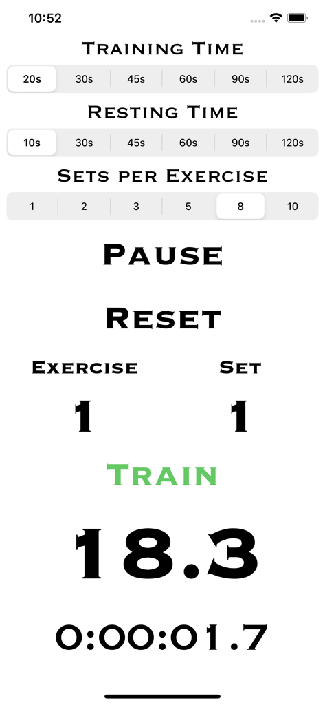 HIITCounter - HIITCounter app screen showing training time, resting time, and sets with a countdown timer