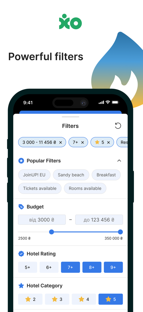 XO Pulse - Screenshot of XO Pulse app showing travel search filters for budget and hotel ratings