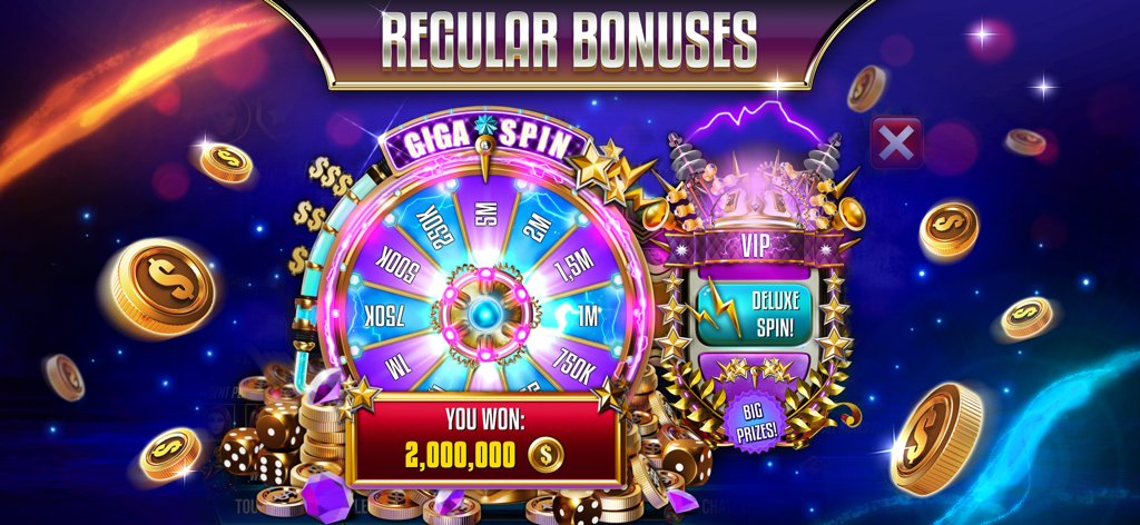 Pantalla de bonificación Giga Spin de Backgammon Legends mostrando una ganancia de 2 millones de monedas con funciones de giro deluxe VIP