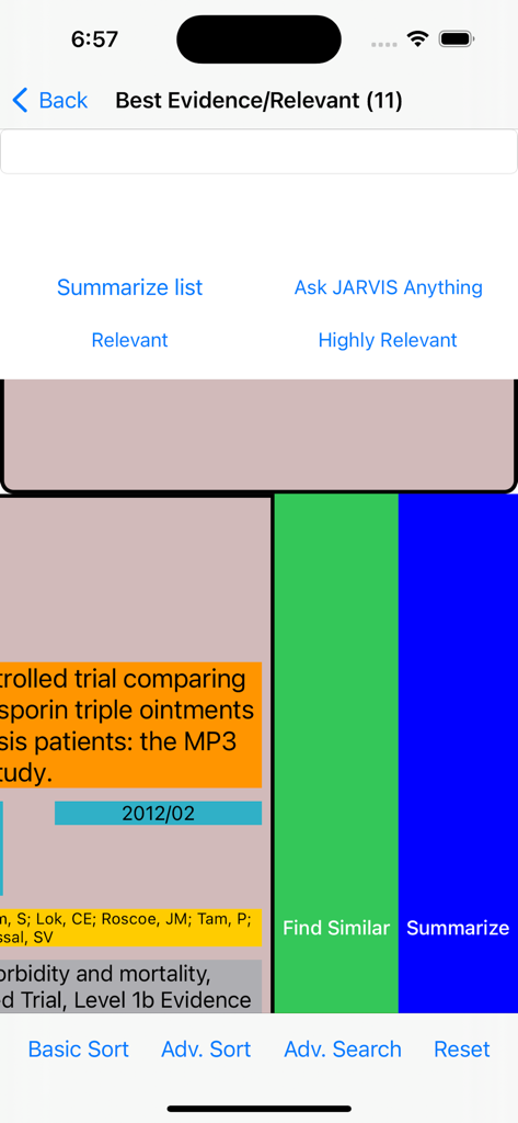 iSearch Biomed - Interface of the iSearch Biomed app showing filtered PubMed results with options to summarize studies and use the AI assistant.