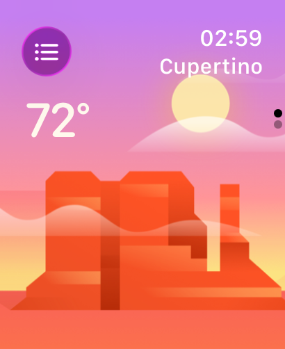 Weather mini for Watch - A minimalist Apple Watch weather interface showing 72 degrees with a desert landscape illustration.