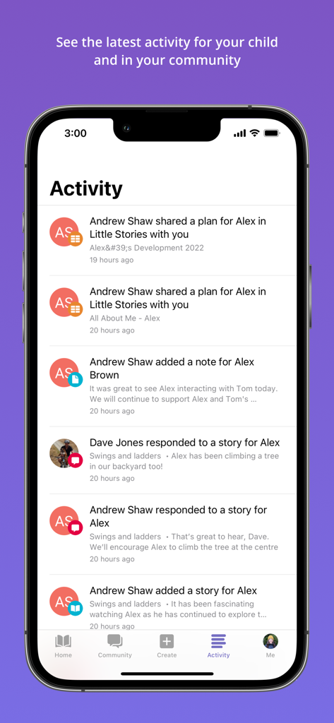 Storypark for Families activity feed showing child development updates and educator notes.