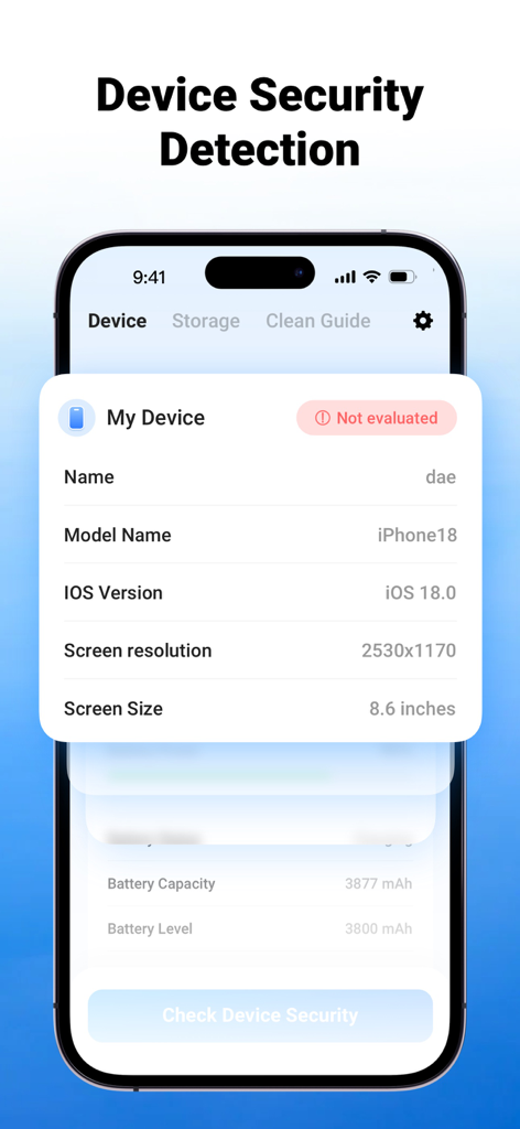 iPhone screen displaying device security detection and system specifications within the Privacy Shield app