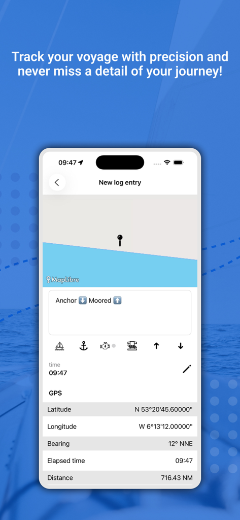Boat Logbook & GPS Tracker - Écran de saisie d'un nouveau journal de voyage montrant les coordonnées GPS et les détails de distance dans l'application Journal de bord du bateau