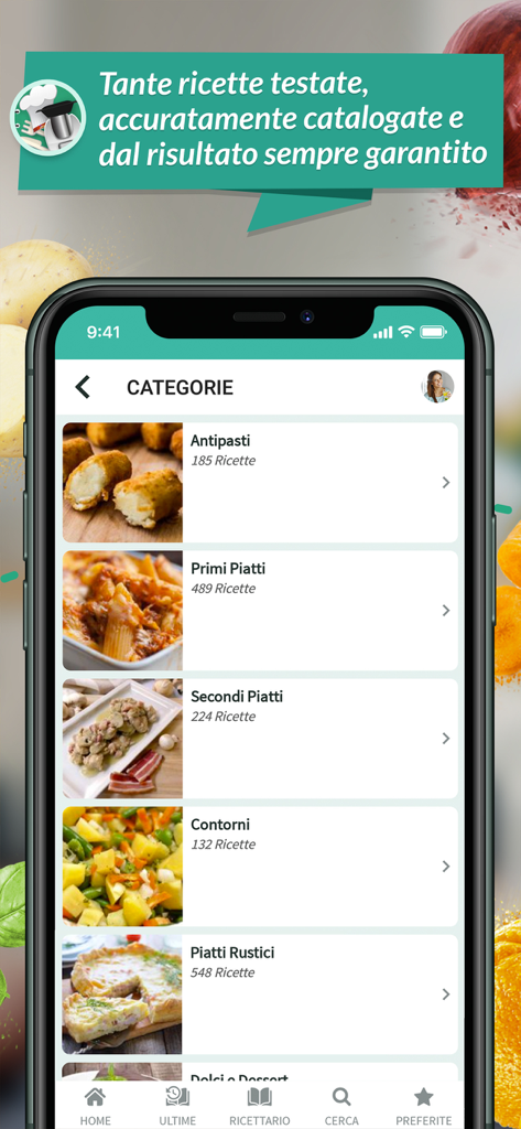 Écran de smartphone affichant des recettes italiennes classées par catégories pour Thermomix, comprenant des entrées et des plats principaux