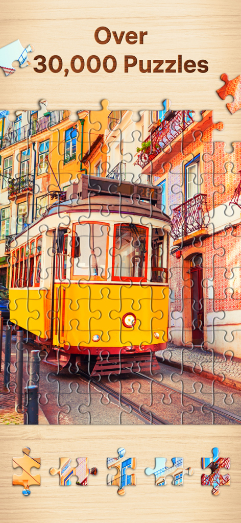 Mobile jigsaw puzzle gameplay featuring a yellow tram in a European city with a large selection of puzzles