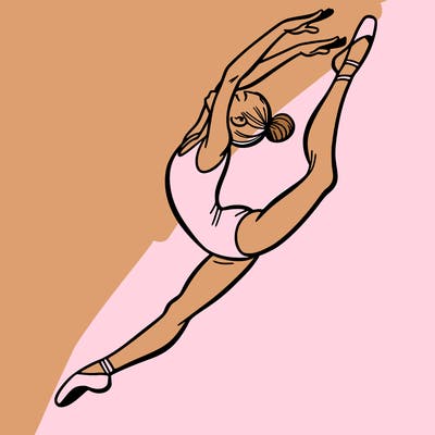 gymnast doing a leap in a leotard with a bent back leg