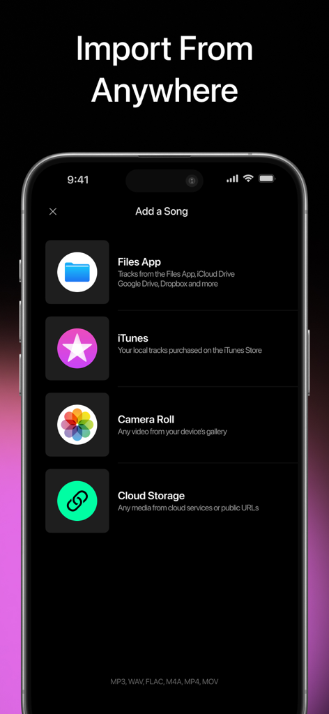 Vocal Remover - Melodify - 파일, iTunes, 카메라 롤 및 클라우드 스토리지에서 노래를 가져오는 Melodify 앱 인터페이스