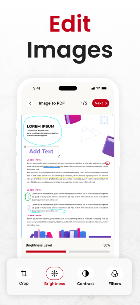 Mobile app interface showing image editing features including brightness adjustment and cropping for document conversion