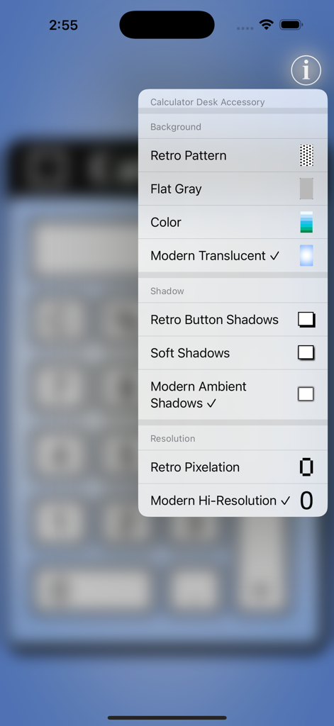 Customization settings menu for the Calculator Desk Accessory app showing retro and modern UI options